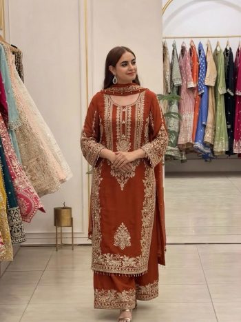 TRENDING FAUX GEORGETTE EMBROIDERY SEQUENCE WORK TOP PALAZZO WITH DUPATTA ORANGE
