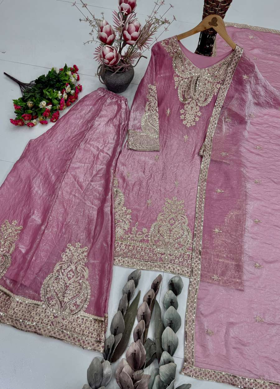 TRENDING FENDY SILK EMBROIDERY CHINE SEQUENCES WORK TOP PALAZZO WITH DUPATTA WEDDING WEAR WHOLESALE PRICE ETHNIC GARMENT (1)