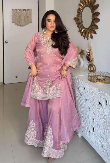 TRENDING FENDY SILK EMBROIDERY CHAIN SEQUENCE WORK TOP PALAZZO WITH DUPATTA BABY PINK