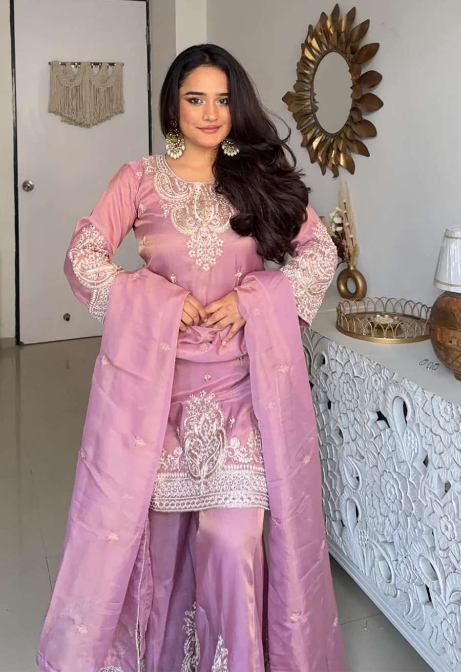 TRENDING FENDY SILK EMBROIDERY CHINE SEQUENCES WORK TOP PALAZZO WITH DUPATTA WEDDING WEAR WHOLESALE PRICE ETHNIC GARMENT (3)