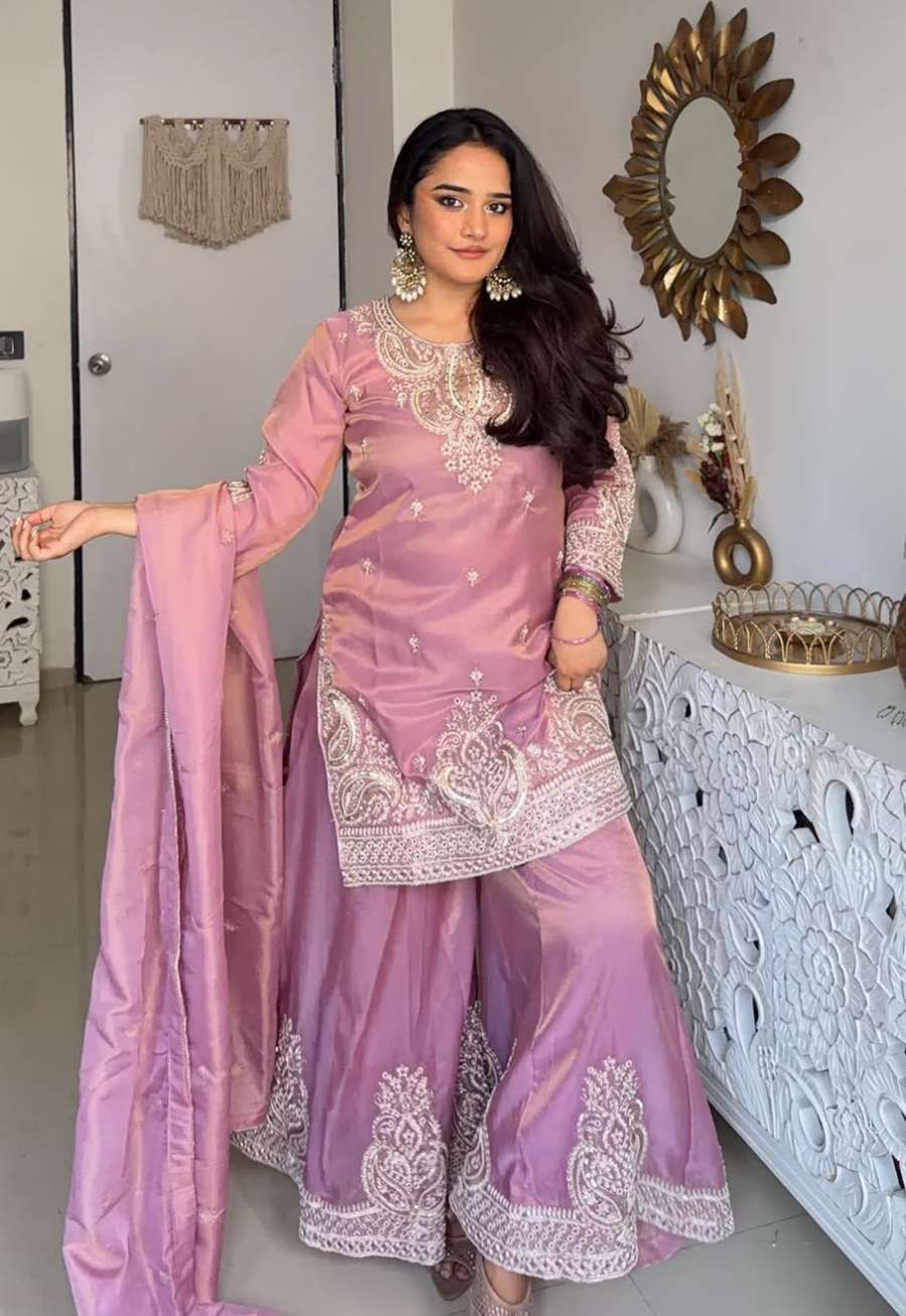 TRENDING FENDY SILK EMBROIDERY CHINE SEQUENCES WORK TOP PALAZZO WITH DUPATTA WEDDING WEAR WHOLESALE PRICE ETHNIC GARMENT (4)
