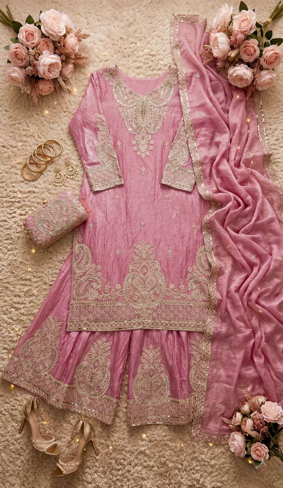 TRENDING FENDY SILK EMBROIDERY CHINE SEQUENCES WORK TOP PALAZZO WITH DUPATTA WEDDING WEAR WHOLESALE PRICE ETHNIC GARMENT (5)