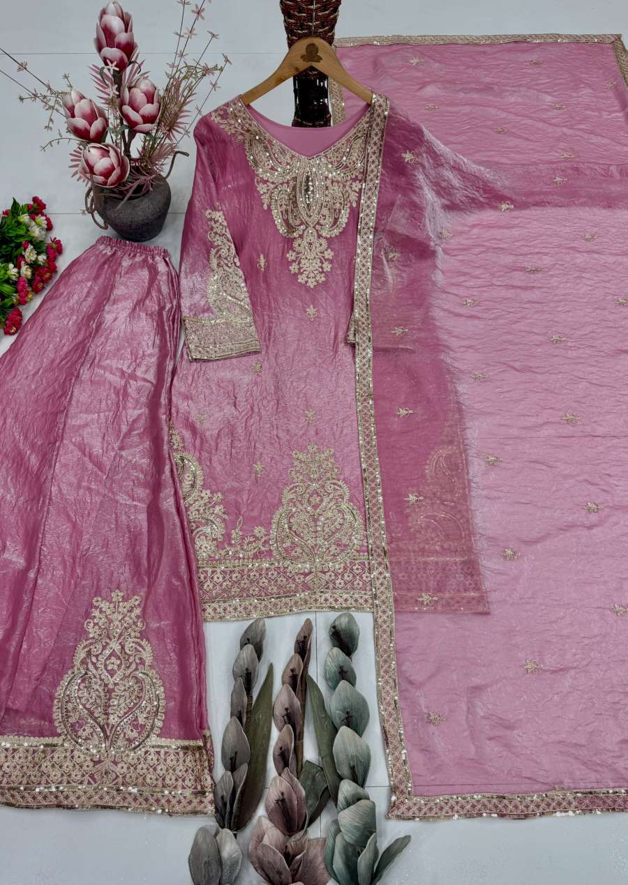 TRENDING FENDY SILK EMBROIDERY CHINE SEQUENCES WORK TOP PALAZZO WITH DUPATTA WEDDING WEAR WHOLESALE PRICE ETHNIC GARMENT (6)