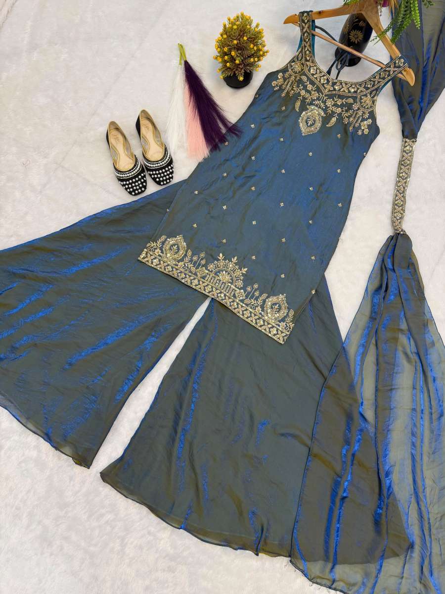 TRENDING FRENDY SILK BIDS HAND WORK WITH SEQUENCE MULTI NEEDLE EMBROIDERY AND ZARI WORK TOP PALAZZO WITH DUPATTA CASUAL WEAR WHOLESALE PRICE ETHNIC GARMENT (1)