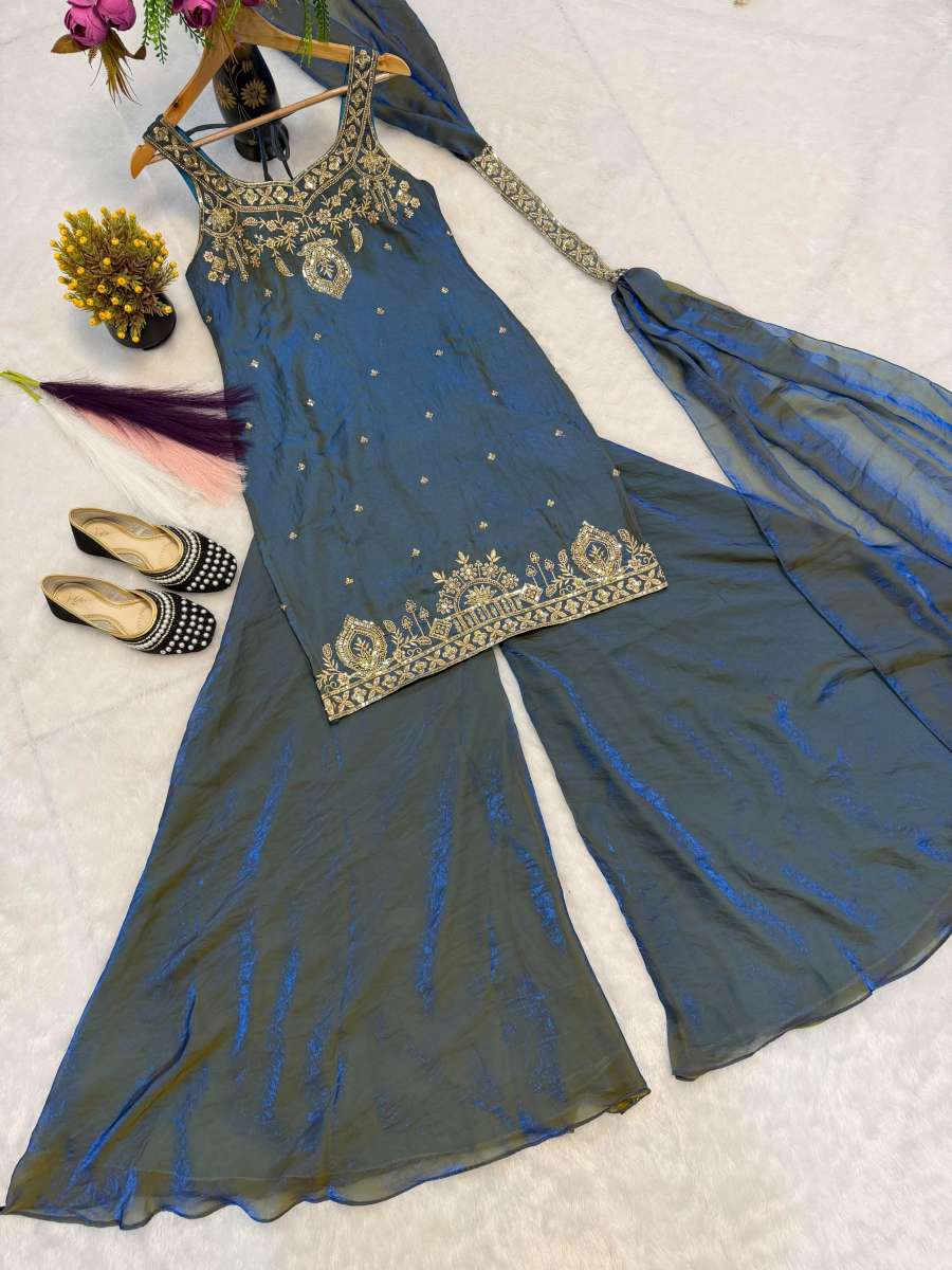 TRENDING FRENDY SILK BIDS HAND WORK WITH SEQUENCE MULTI NEEDLE EMBROIDERY AND ZARI WORK TOP PALAZZO WITH DUPATTA CASUAL WEAR WHOLESALE PRICE ETHNIC GARMENT (18)