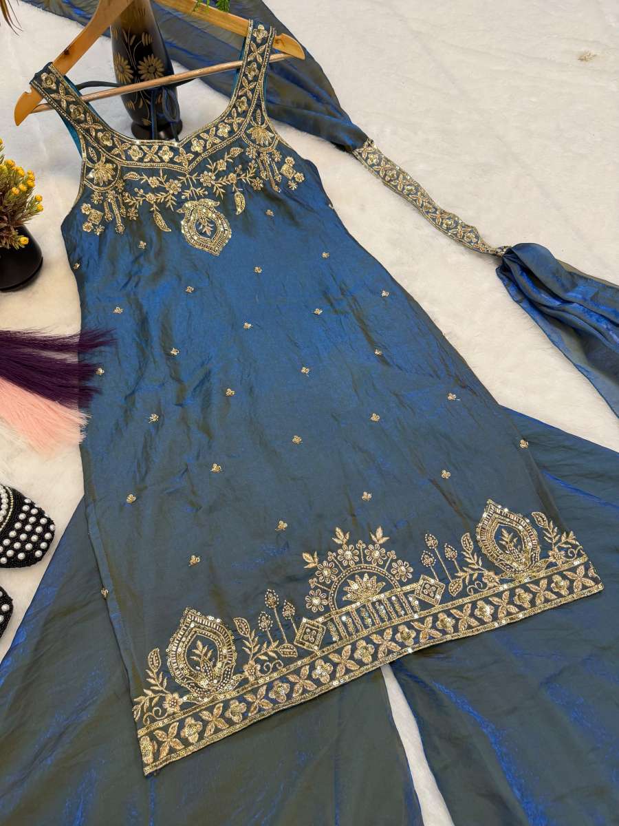 TRENDING FRENDY SILK BIDS HAND WORK WITH SEQUENCE MULTI NEEDLE EMBROIDERY AND ZARI WORK TOP PALAZZO WITH DUPATTA CASUAL WEAR WHOLESALE PRICE ETHNIC GARMENT (19)