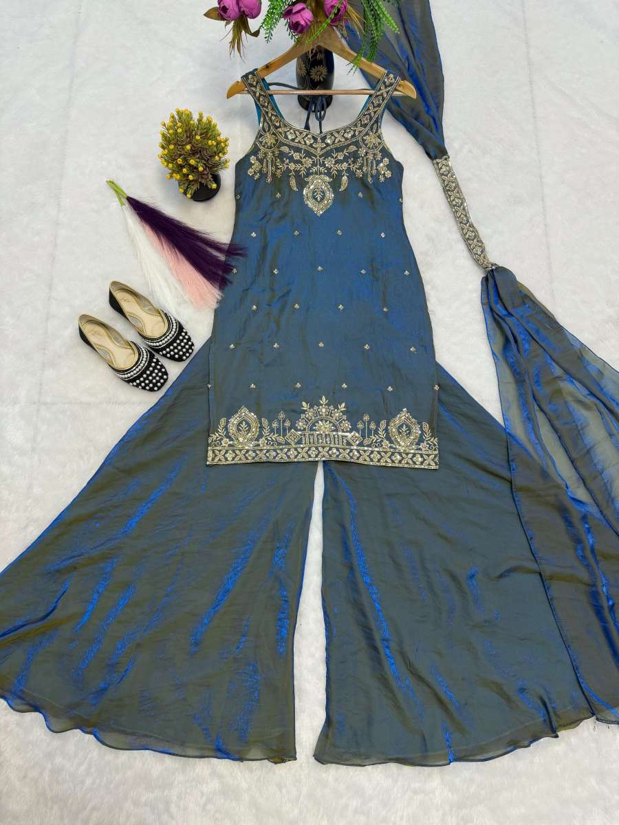 TRENDING FRENDY SILK BIDS HAND WORK WITH SEQUENCE MULTI NEEDLE EMBROIDERY AND ZARI WORK TOP PALAZZO WITH DUPATTA CASUAL WEAR WHOLESALE PRICE ETHNIC GARMENT (2)