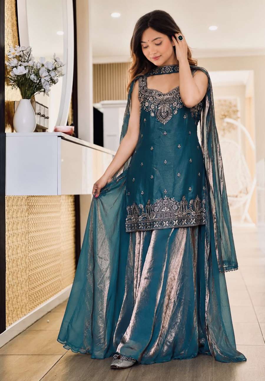 TRENDING FRENDY SILK BIDS HAND WORK WITH SEQUENCE MULTI NEEDLE EMBROIDERY AND ZARI WORK TOP PALAZZO WITH DUPATTA CASUAL WEAR WHOLESALE PRICE ETHNIC GARMENT (8)