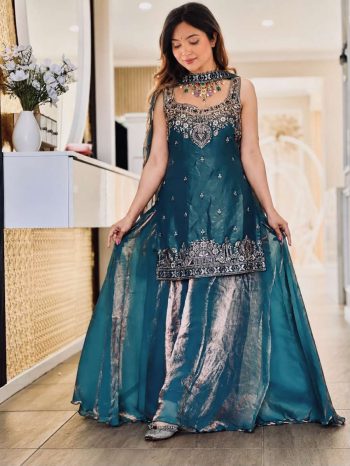 TRENDING FRENDY SILK BIDS HAND WORK WITH SEQUENCE MULTI NEEDLE EMBROIDERY AND ZARI WORK TOP PALAZZO WITH DUPATTA RAMA