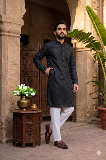 TRENDING JACQUARD PRINTED WORK KURTA WITH PAYJAMA BLACK