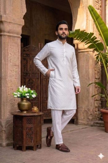TRENDING JACQUARD PRINTED WORK KURTA WITH PAYJAMA WHITE