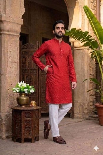TRENDING JACQUARD PRINTED WORK KURTA WITH PAYJAMA RED