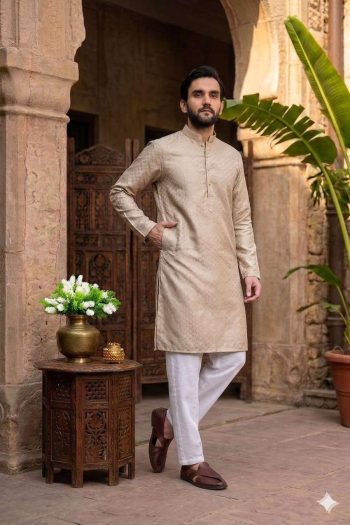 TRENDING JACQUARD PRINTED WORK KURTA WITH PAYJAMA CREAM