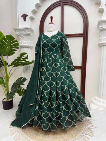 TRENDING MAL CHANDERI THRED & SEQUENCE WORK GOWN BOTTOM WITH DUPATTA GREEN