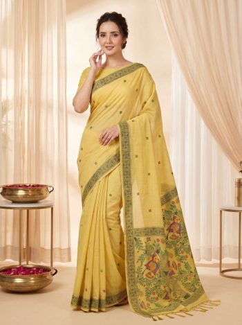TRENDING MUGA COTTON RESHAM WEAVING MADHUBANI WORK SAREE WITH UNSTITCHED BLOUSE YELLOW