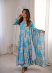 TRENDING MUSLIN PRINTED WORK GOWN BOTTOM WITH DUPATTA  SKY