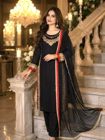 TRENDING PURE MUL CHANDHERI EMBROIDERY SEQUENCE WORK TOP BOTTOM WITH DUPATTA BLACK