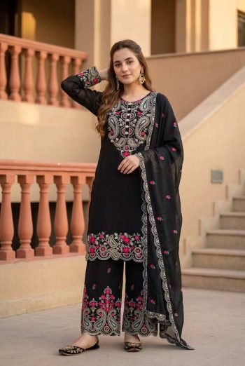 TRENDING ROMAN SILK EMBROIDERY SEQUENCES AND FANCY CUT WORK TOP PALAZZO WITH DUPATTA BLACK
