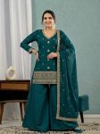 TRENDING ROMAN SILK SEQUENCE EMBROIDERY WORK TOP PALAZZO WITH DUPATTA TEAL