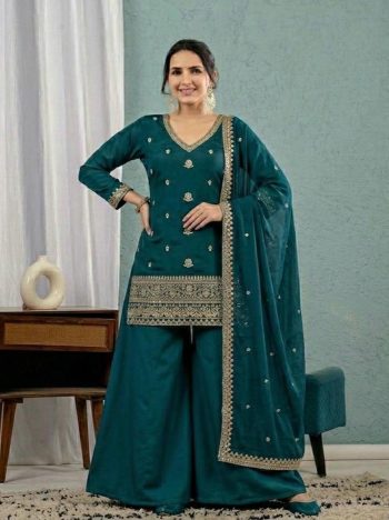 TRENDING ROMAN SILK SEQUENCE EMBROIDERY WORK TOP PALAZZO WITH DUPATTA TEAL
