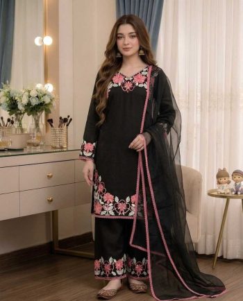 TRENDING SATIN RAYON EMBROIDERY THREAD WORK TOP BOTTOM WITH DUPATTA BLACK