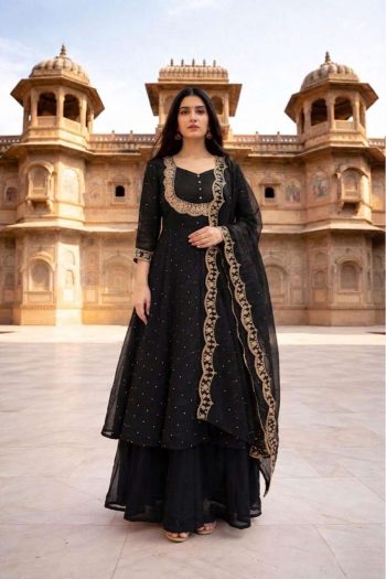 TRENDING VICHITRA SILK EMBROIDERY WORK TOP LEHENGA WITH DUPATTA BLACK