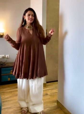 FANCY CHANDERI EMBROIDERY WORK FANCY CUT WORK TOP PATIYALA SET BROWN