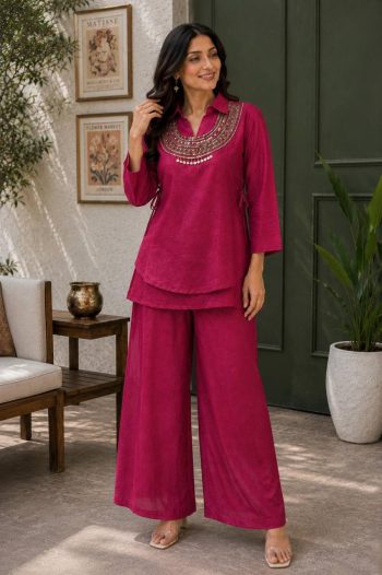 MODERN GOLD CRUSH PLAIN TOP PALAZZO WITH BEADS & 5 MM & 9 MM SEQUENCE WORK  KOTI RANI