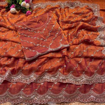 TRENDING SPACE SILK GOLD BEEDS BHUNGALI WORK  SAREE WITH UNSTITCHED BLOUSE ORANGE
