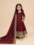 DESIGNER FENDY SILK SEQUENCE EMBROIDERY WORK KID'S GOWN BOTTOM WITH DUPATTA MAROON
