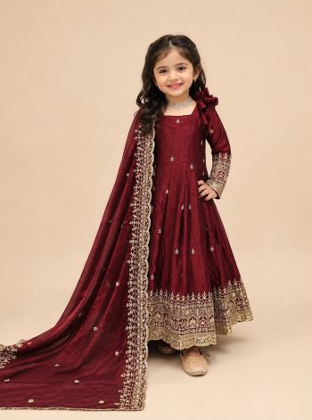 DESIGNER FENDY SILK SEQUENCE EMBROIDERY WORK KID'S GOWN BOTTOM WITH DUPATTA MAROON