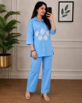 MODERN COTTON EMBROIDERY WORK CO-ORD SET SKY