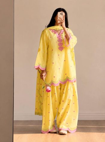 RICH LOOK CHANDERI COTTON MULTI NEEDLE  SEQUENCE EMBROIDERY ZARI WORK TOP PATIYALA WITH DUPATTA YELLOW