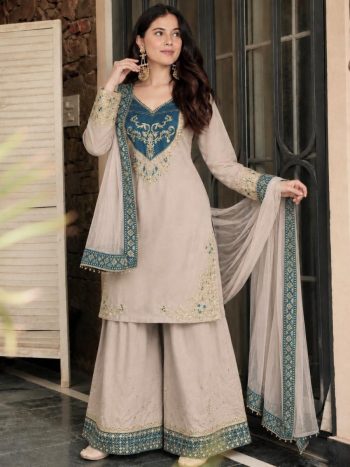 TRENDING MASKA COTTON EMBROIDERY AND SEQUENCE WORK TOP PALAZZO WITH DUPATTA CREAM