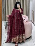 DESIGNER CHINON SILK EMBROIDERY  SEQUENCE WORK WITH REAL MIRROR HAND WORK  GOWN BOTTOM WITH DUPATTA MAROON