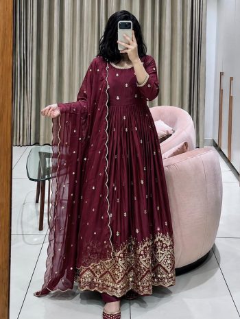 DESIGNER CHINON SILK EMBROIDERY  SEQUENCE WORK WITH REAL MIRROR HAND WORK  GOWN BOTTOM WITH DUPATTA MAROON