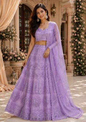 DESIGNER SOFT NET EMBROIDERY CHAIN STITCHED WITH REAL MIRROR HAND WORK  LEHENGA CHOLI WITH DUPATTA LAVENDER