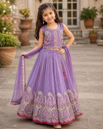 FANCY GEORGETTE MULTI EMBROIDERY  WITH SEQUENCE WORK LEHENGA CHOLI WITH DUPATTA LAVENDER