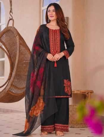 LATEST MASKA COTTON EMBROIDERY AND THREAD WORK TOP PALAZZO WITH DUPATTA BLACK
