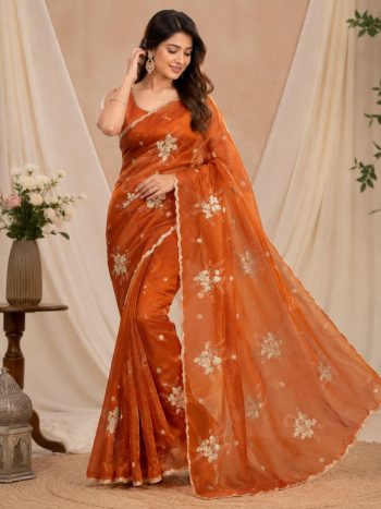 NEW ARRIVAL FENDY SATIN EMBROIDERY WITH SEQUENCE AND CUT BORDER SAREE WITH UNSTITCHED BLOUSE ORANGE