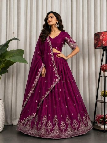 MODERN CHINON SEQUENCE AND THREAD EMBROIDERY WORK LEHENGA CHOLI WITH DUPATTA WINE
