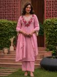 MODERN CORAL SILK MULTI EMBROIDERY THREAD WORK  TOP BOTTOM WITH DUPATTA BABY PINK