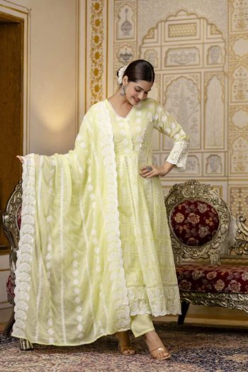 MODERN MUL COTTON LAKHNOWI WORK GOWN BOTTOM WITH DUPATTA LIGHT YELLOW