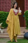 MODERN CORAL SILK MULTI EMBROIDERY THREAD WORK  TOP BOTTOM WITH DUPATTA YELLOW