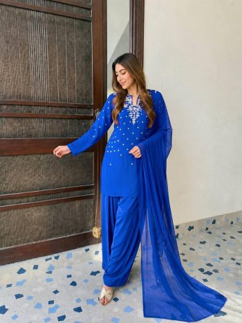 TRENDING FRENCH CREPE BEADS  & 5 MM SEQUENCE EMBROIDERY WORK TOP PATIYALA WITH DUPATTA  BLUE
