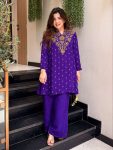MODERN FRENCH CREPE SEQUENCE CODING EMBROIDERY WORK CO-ORD SET PURPLE