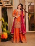 RICH LOOK CHINON SILK EMBROIDERY SEQUENCE AND THREAD WORK TOP PALAZZO WITH DUPATTA ORANGE AND RED