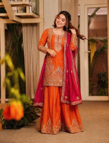 RICH LOOK CHINON SILK EMBROIDERY SEQUENCE AND THREAD WORK TOP PALAZZO WITH DUPATTA ORANGE AND RED