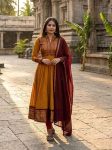 RICH LOOK VICHITRA SILK JACQUARD WEAVING ZARI BORDER WORK ANARKALI WITH DUPATTA MUSTARD
