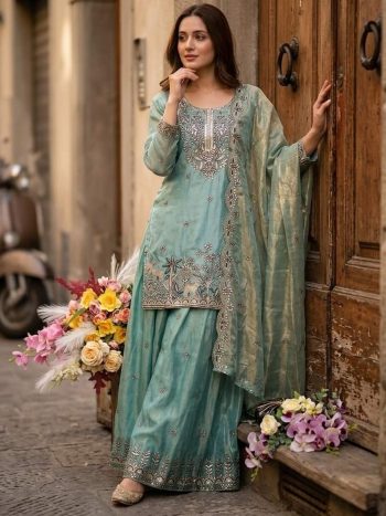 DESIGNER FENDY SILK EMBROIDERY 5MM SEQUENCE  WORK TOP PALAZZO WITH DUPATTA SKY
